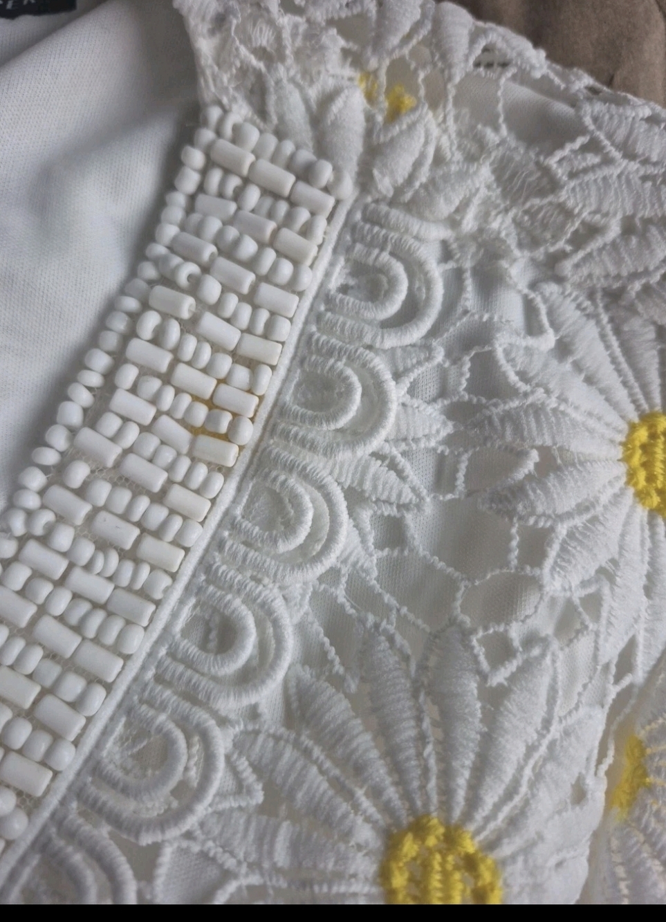 White Floral Lace Dress Yellow Daisy Embroidery V-Neck Shift Boho Cottagecore - Picture 2 of 8
